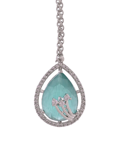 VOJ Silver Plated Teal Green Teardrop Shaped Stone And Ad Stone Jewellery Set With Maang Tikka