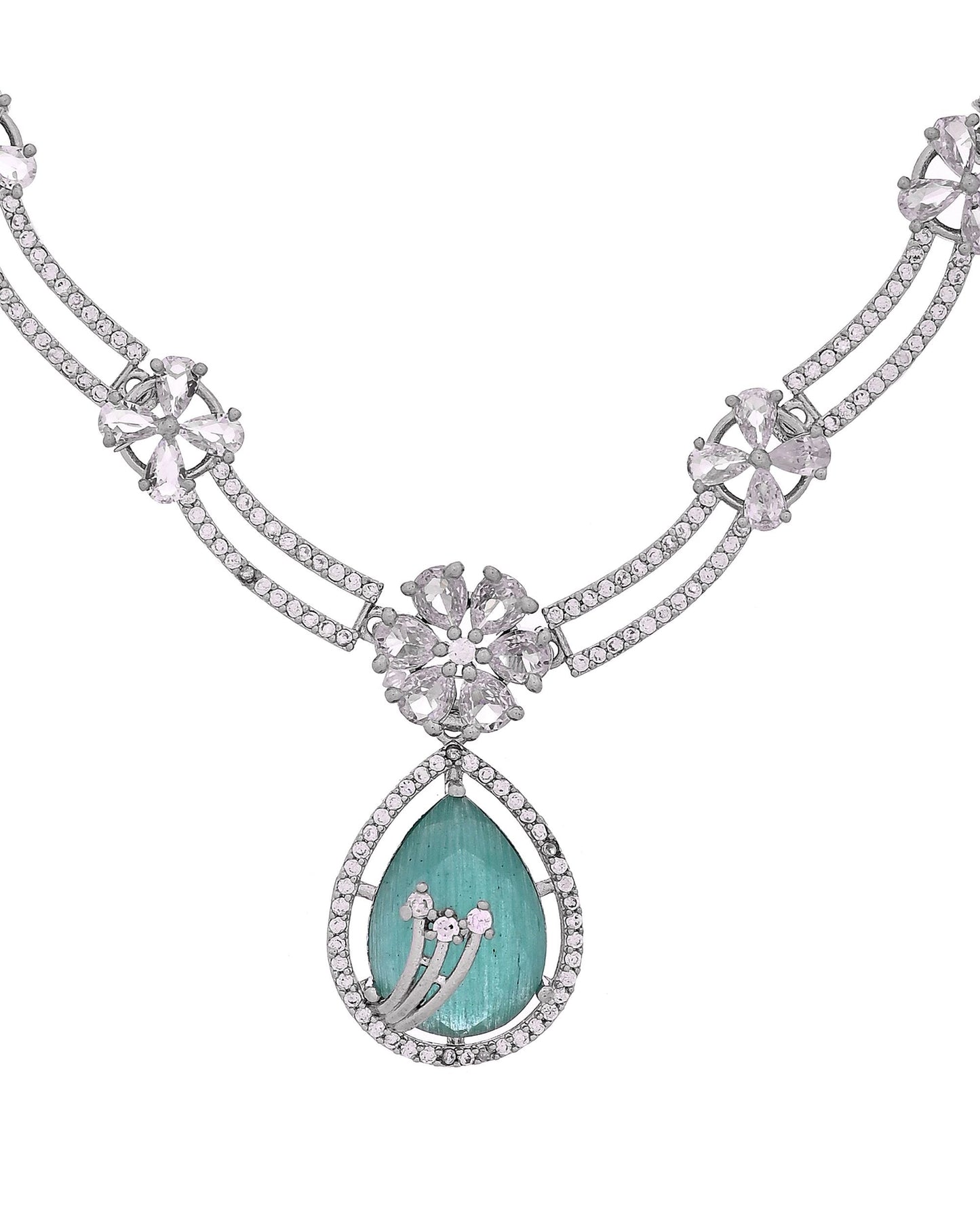 VOJ Silver Plated Teal Green Teardrop Shaped Stone And Ad Stone Jewellery Set With Maang Tikka