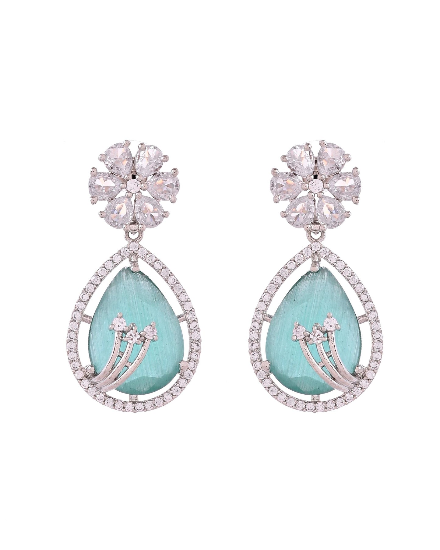 VOJ Silver Plated Teal Green Teardrop Shaped Stone And Ad Stone Jewellery Set With Maang Tikka