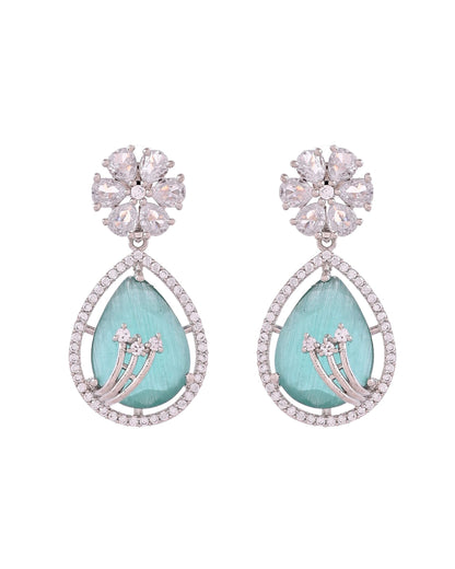 VOJ Silver Plated Teal Green Teardrop Shaped Stone And Ad Stone Jewellery Set With Maang Tikka