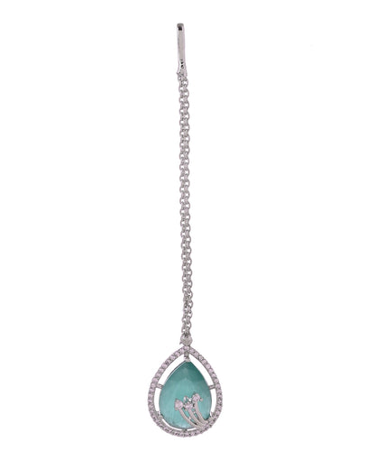 VOJ Silver Plated Teal Green Teardrop Shaped Stone And Ad Stone Jewellery Set With Maang Tikka