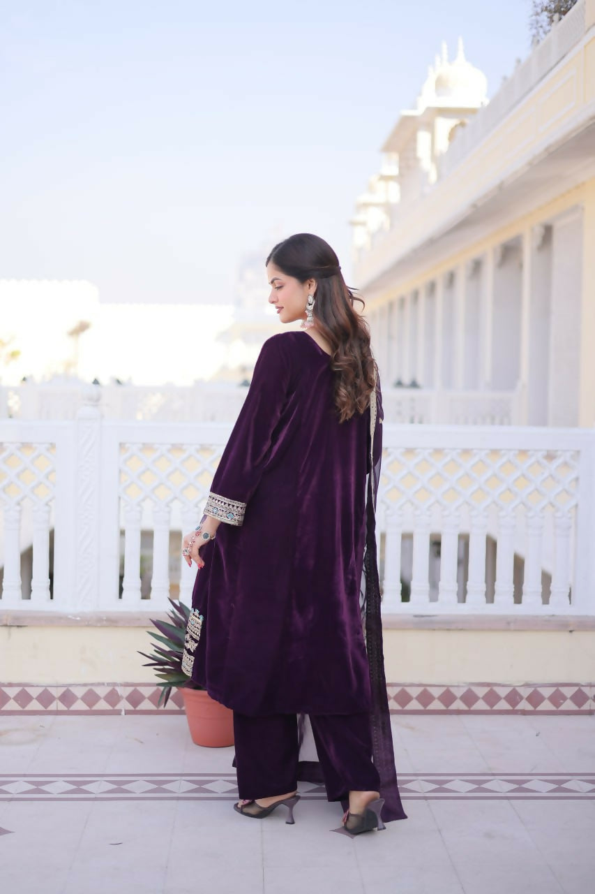 Teeya Creation Womens New Wine Velvet With Rich Zari Coding Embroidered Work Kurta Pant Dupatta Set