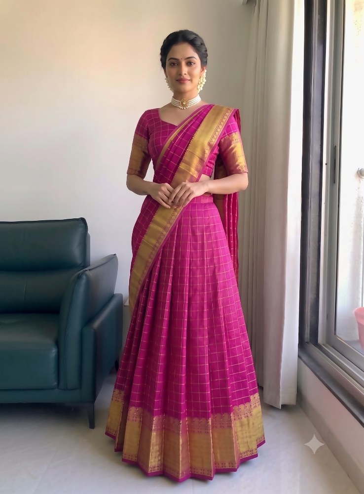 Teeya Creation Festive Rani Pink Checkered Silk Lehenga Choli with Golden Zari Detail