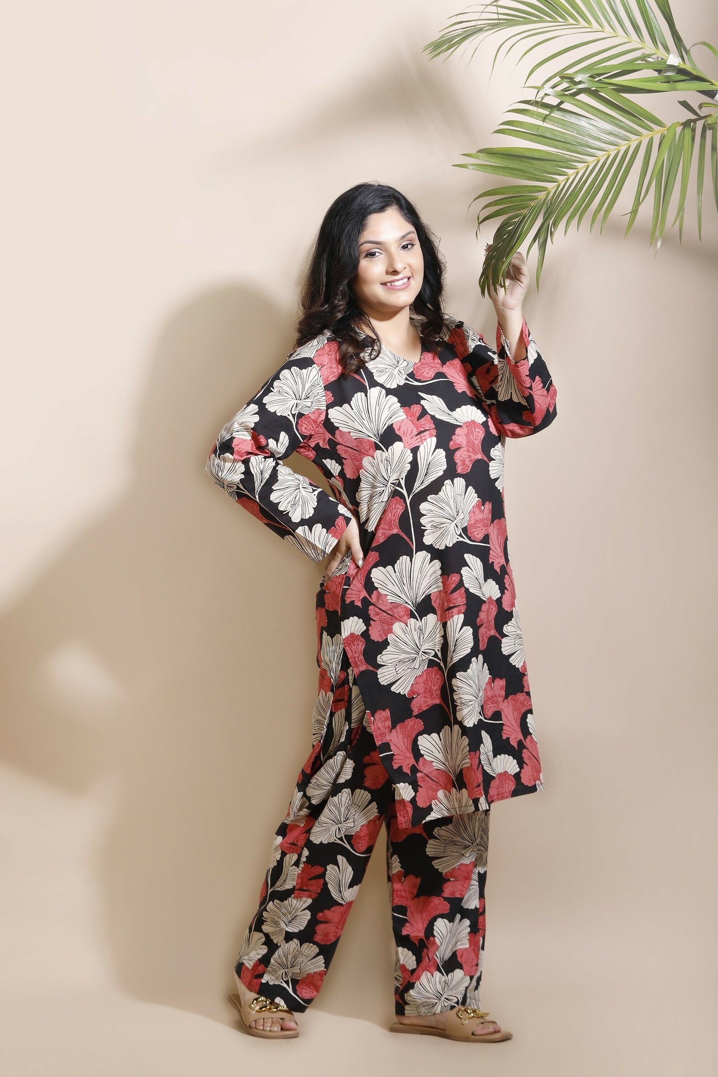 Breathables Black Floral Print Cotton Long Kurta Co-Ord Set Cotton