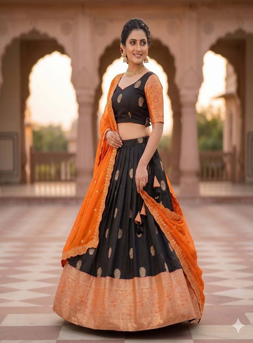 Teeya Creation Elegant Black Border Work Festive Chaniya Choli Set for Women