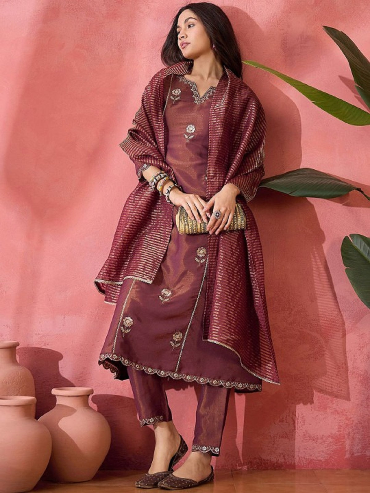 Dwija Fashion Maroon Wedding Wear Embroidered Shimmer Silk Kurti With Pant And Dupatta