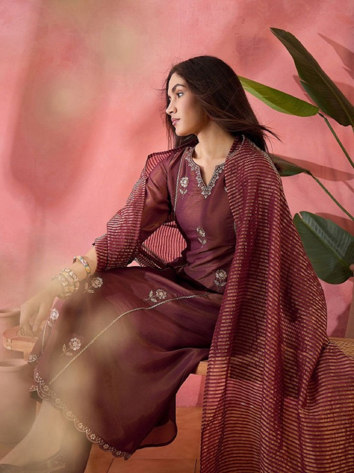 Dwija Fashion Embroidered Kurti With Pant And Duppata Set-Maroon