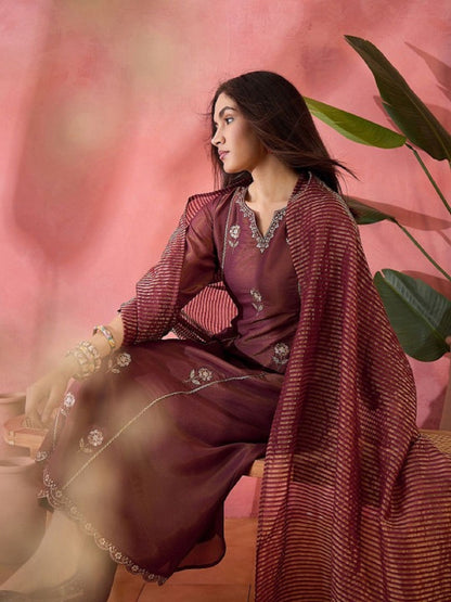 Dwija Fashion Maroon Wedding Wear Embroidered Shimmer Silk Kurti With Pant And Dupatta