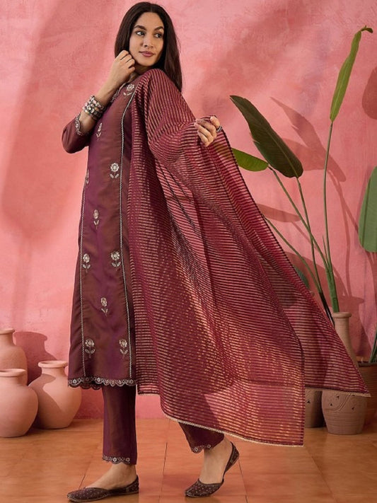 Dwija Fashion Maroon Wedding Wear Embroidered Shimmer Silk Kurti With Pant And Dupatta