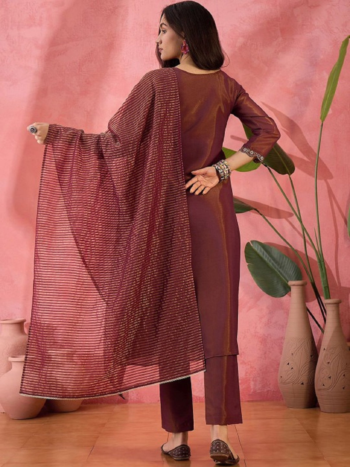 Dwija Fashion Embroidered Kurti With Pant And Duppata Set-Maroon