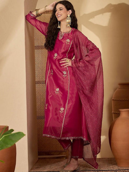 Dwija Fashion Embroidered Kurti With Pant And Duppata Set-Wine