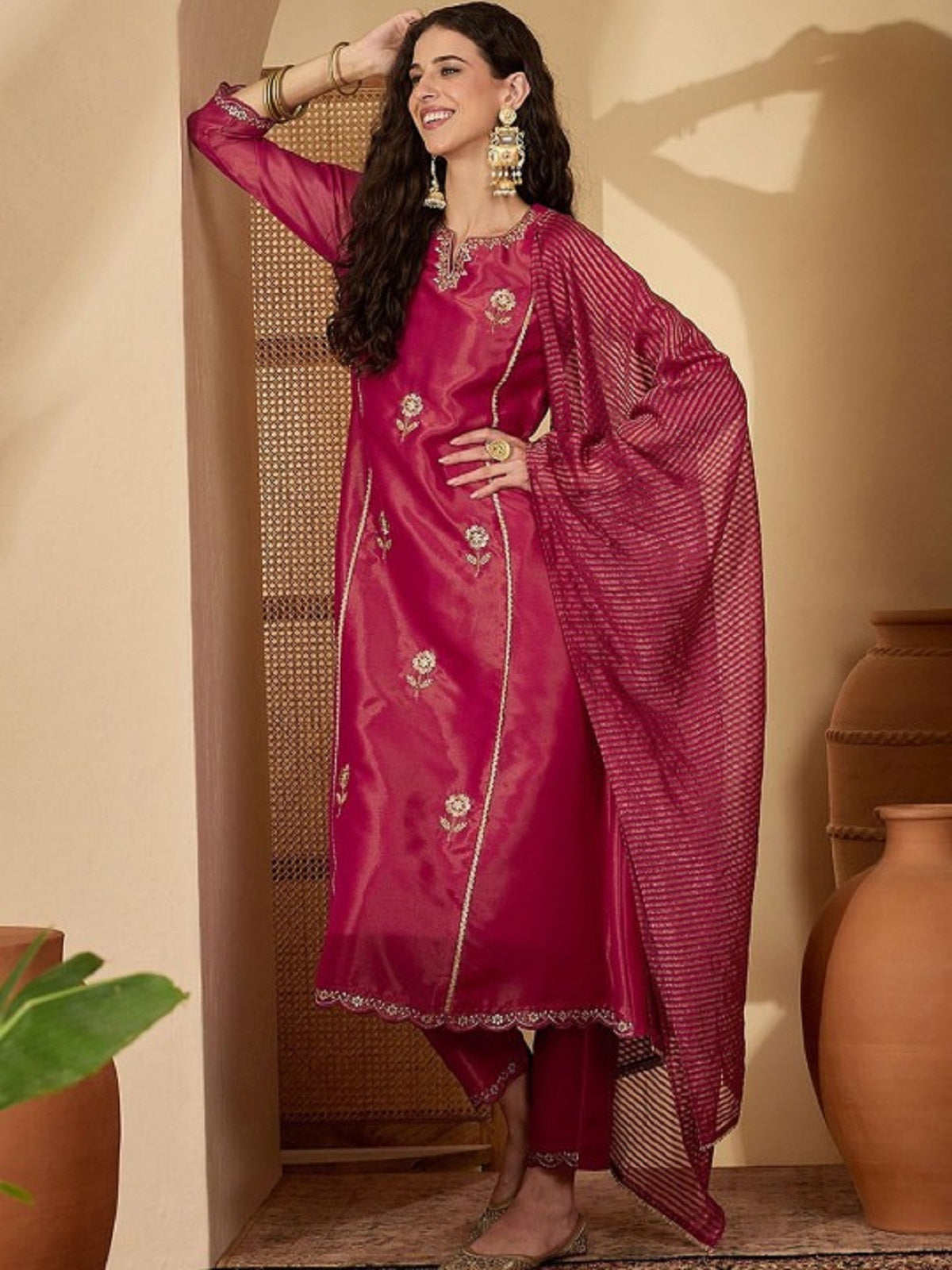 Dwija Fashion Wine Wedding Wear Embroidered Shimmer Silk Kurti With Pant And Dupatta