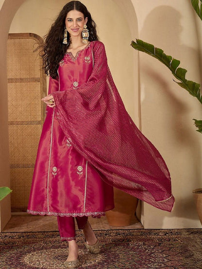 Dwija Fashion Wine Wedding Wear Embroidered Shimmer Silk Kurti With Pant And Dupatta