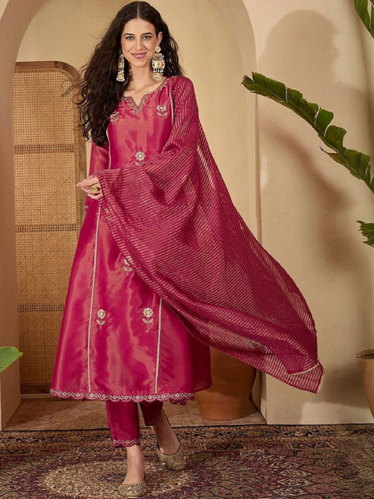 Dwija Fashion Wine Wedding Wear Embroidered Shimmer Silk Kurti With Pant And Dupatta