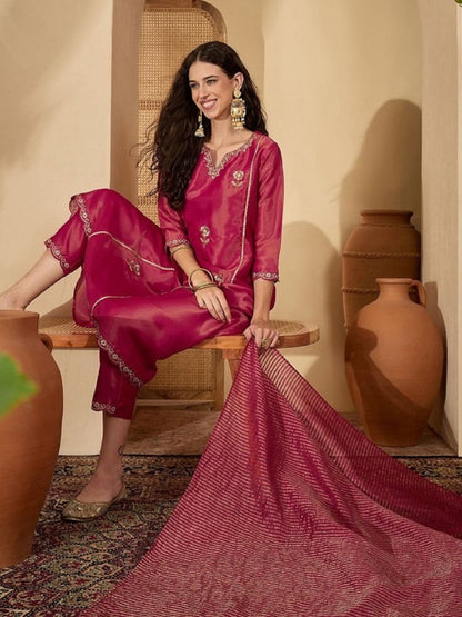 Dwija Fashion Embroidered Kurti With Pant And Duppata Set-Wine