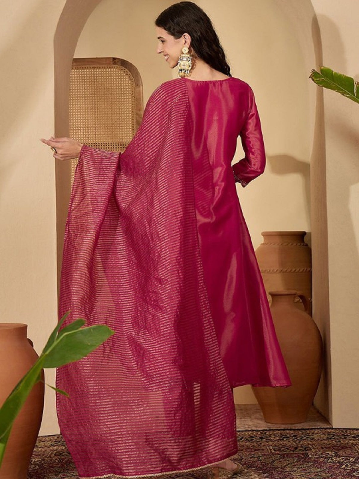 Dwija Fashion Wine Wedding Wear Embroidered Shimmer Silk Kurti With Pant And Dupatta