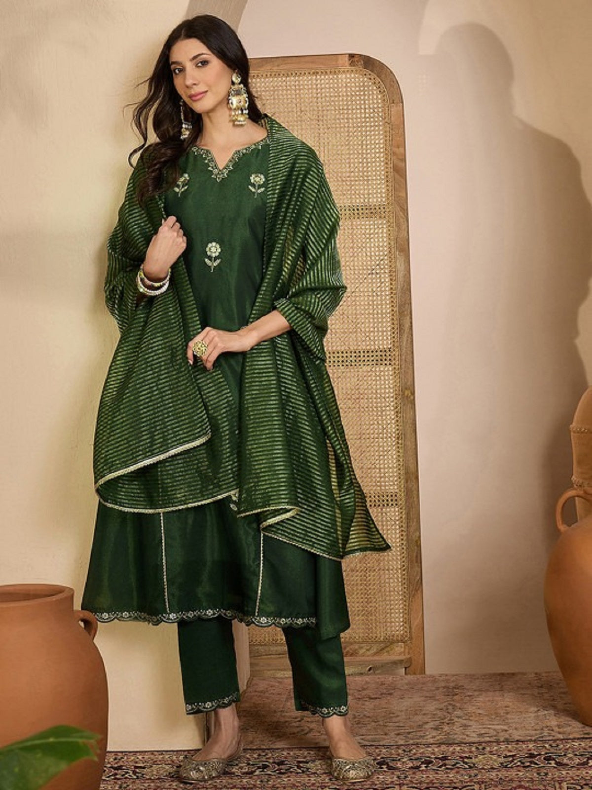 Dwija Fashion Embroidered Kurti With Pant And Duppata Set-Green