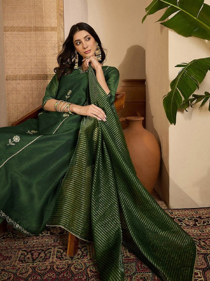 Dwija Fashion Green Wedding Wear Embroidered Shimmer Silk Kurti With Pant And Dupatta
