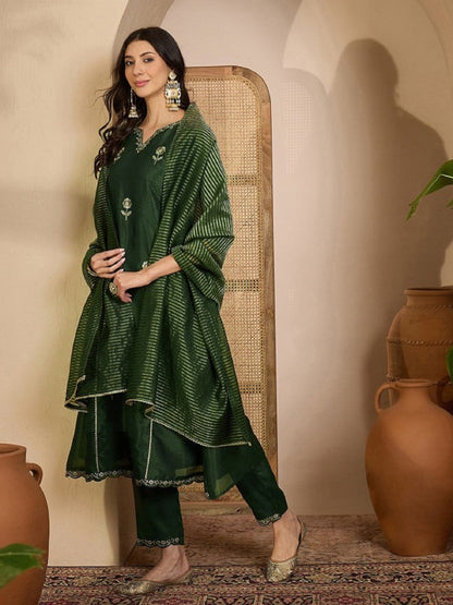 Dwija Fashion Green Wedding Wear Embroidered Shimmer Silk Kurti With Pant And Dupatta