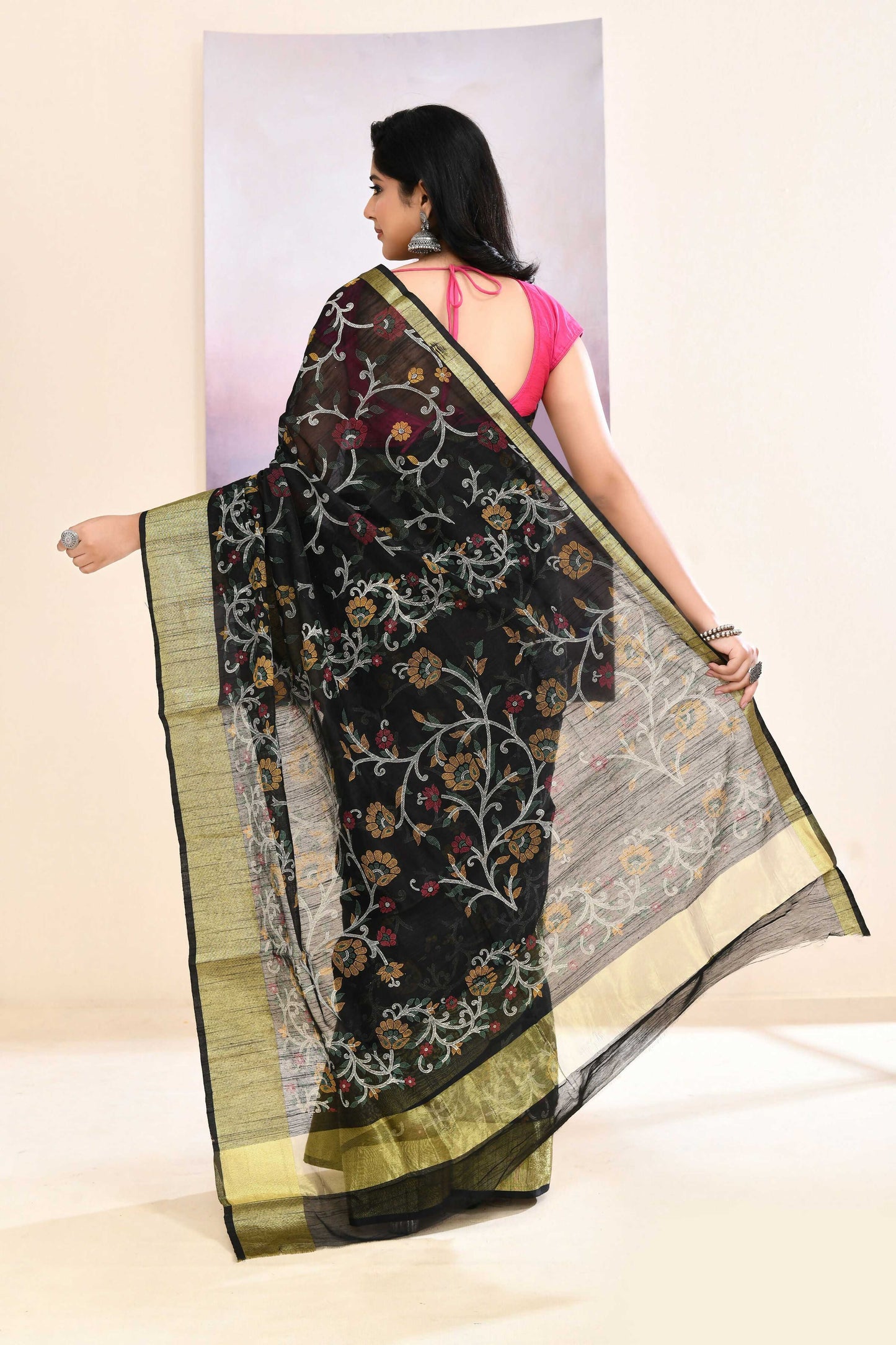 Piyari Fashion Women's Black Embellished Cotton Blend Printed Saree