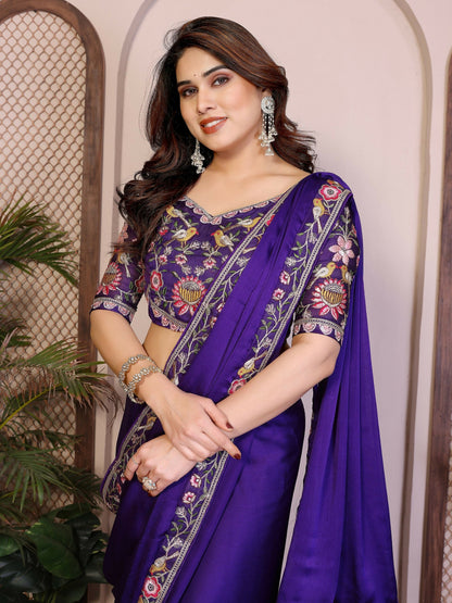 Teeya Creation New Trendy Party Wear Soft Satin Chiffon Saree-Purple