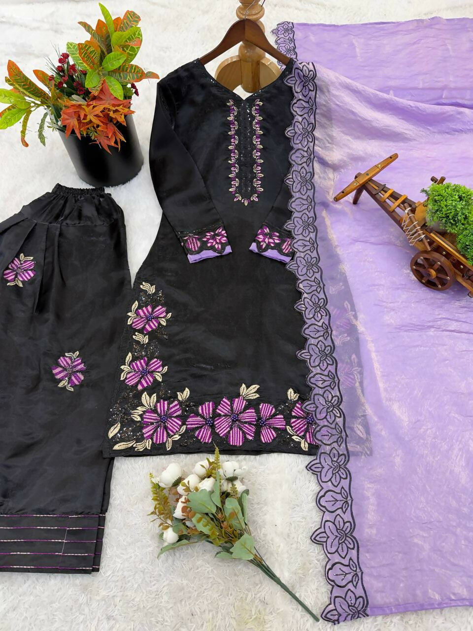 Teeya Creation Women's Fancy Stylish Heavy Embroidery Sequence Work With Rivet Moti Work Lavender Kurta Set