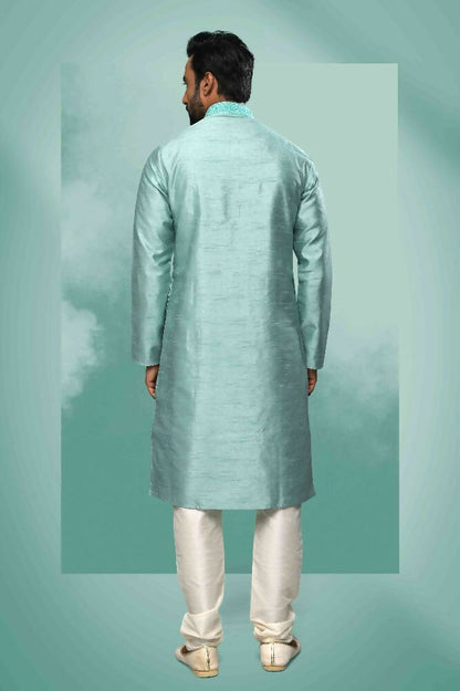 Raivat Ethnic Art Silk Mirror Embroidery Work Kurta Pajama In Sea Green Colour