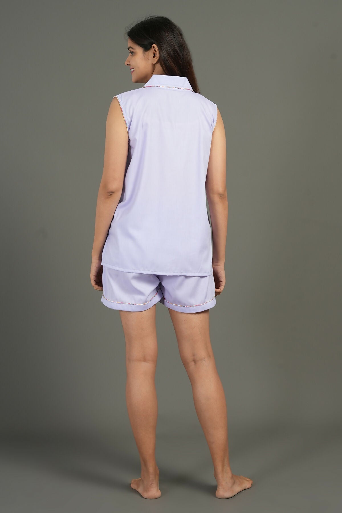 Breathables Women Cotton Night Suit Shirt And Shorts Co-Ord Set Notched Collar Lavender I Nightwear | Co-Ord Set | Lounge Wear Set I Solid Print