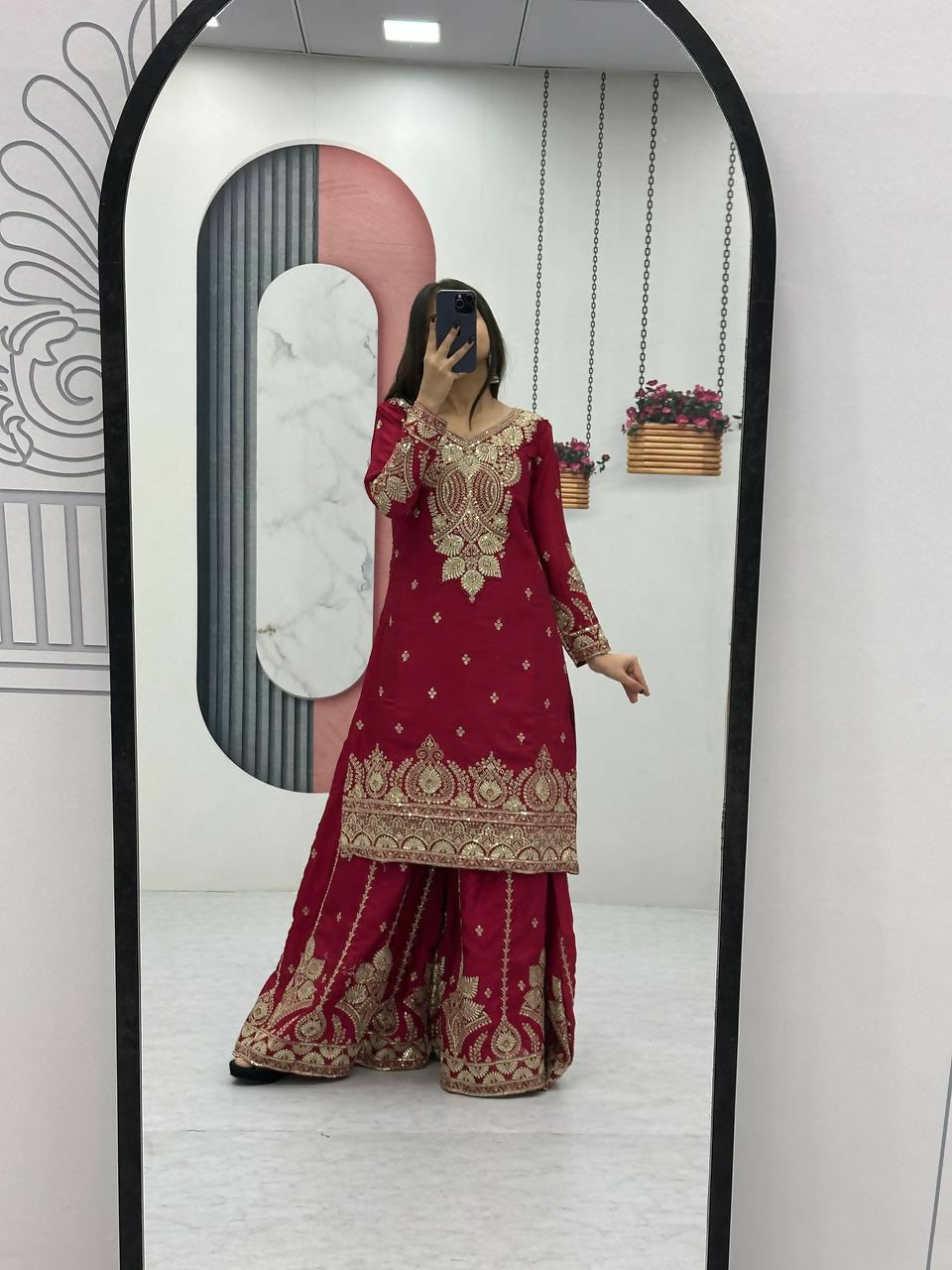 Teeya Creation Womens New Wedding Wear Heavy Embroidery Thread Work Maroon Kurta Set