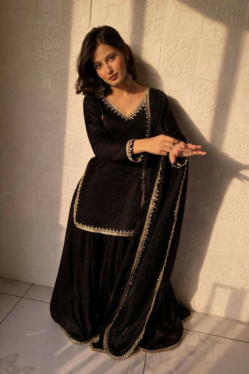 Teeya Creation Womens New Trending Less and Mirror Work Kurta Palazzo Set - Black
