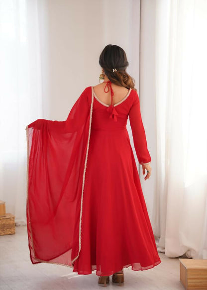 The52 Women's Gorgeous Solid Fox Blooming Georgette Fabric Flared Anarkali and Dupatta Set-Red