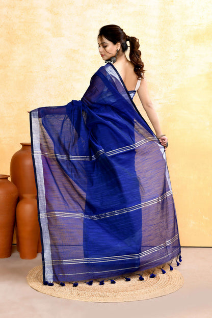 Piyari Fashion Women's Royal Blue Embellished Cotton Blend Zari Border Handloom Saree