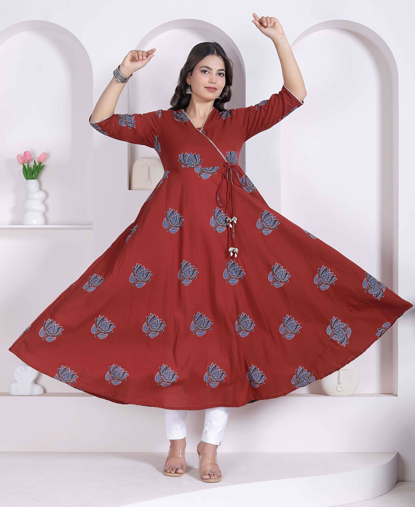 Miravan Womens Rust Floral Printed Pure Cotton Gota Patti Angrakha Kurta