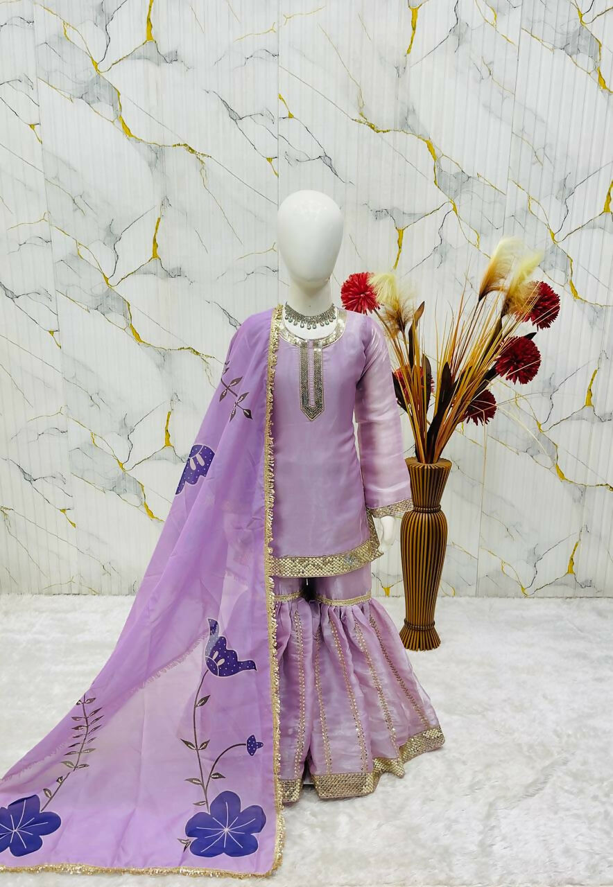 Teeya Creation New Kids Trendy Heavy Embroidery Sequence Work Kurta Set - Purple