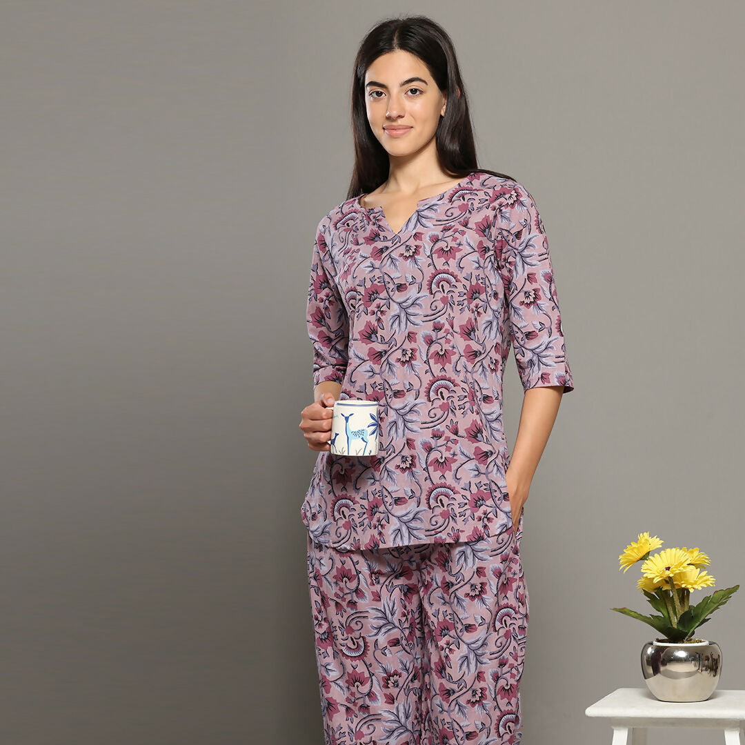Breathables Women Cotton Printed Loungewear Kurta And Pants Co-Ord Set Pink I Night Wear | Floral Print