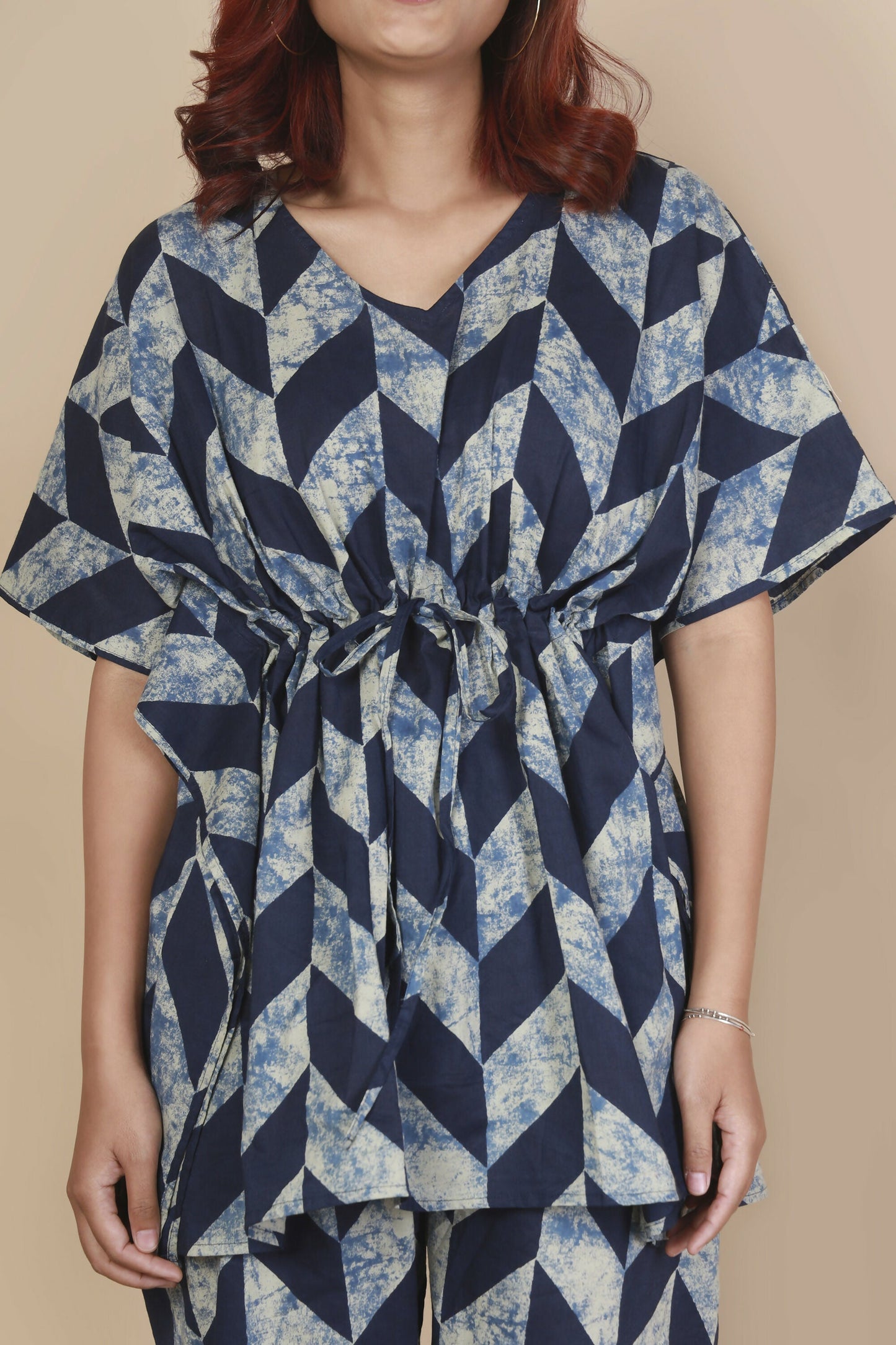 Breathables WomenS Loungewear Kaftan Cotton Blue Geometric Print Co-Ord Set