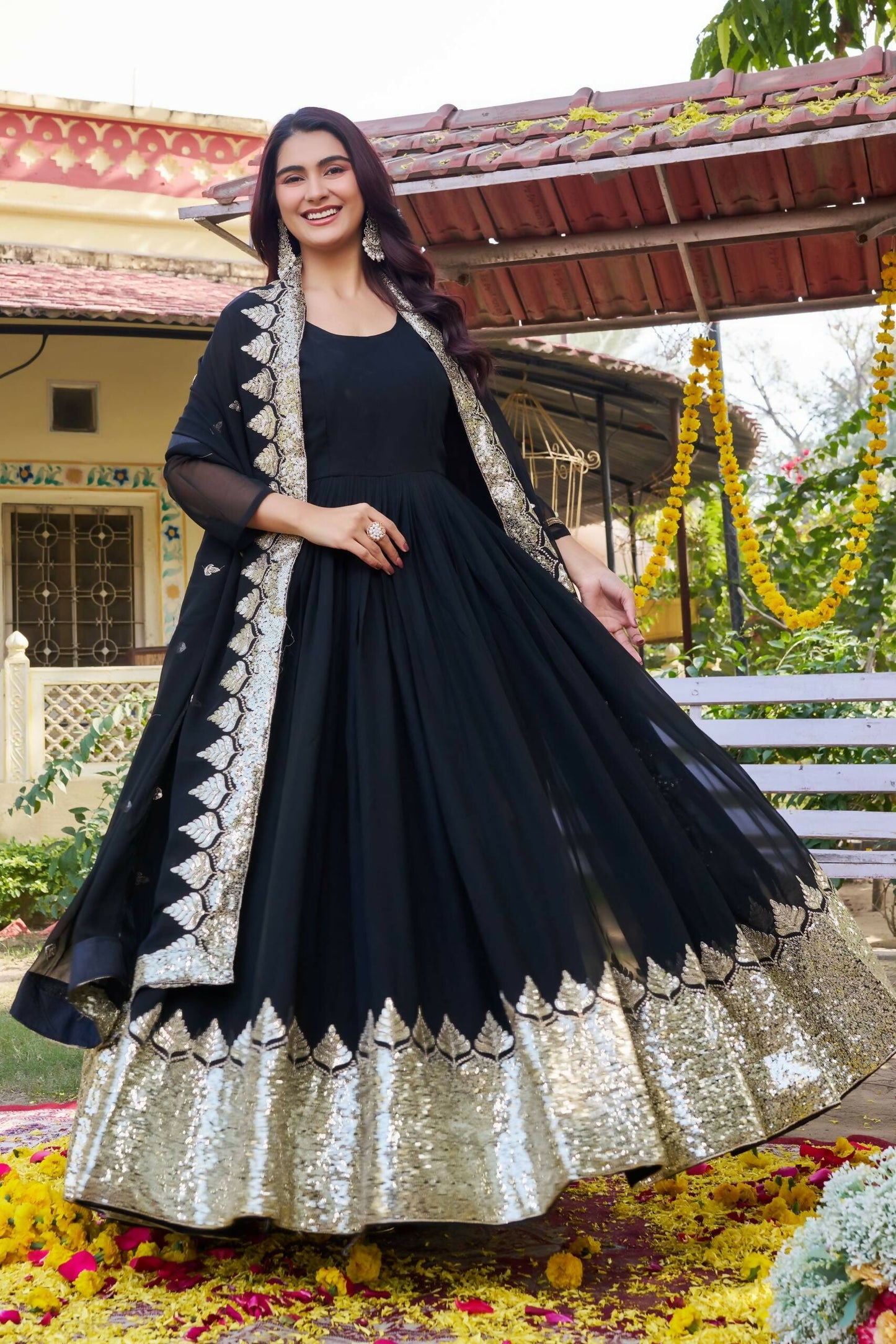 Teeya Creation Womens New Stylish Heavy Sequence Embroidery Work Black Gown Set