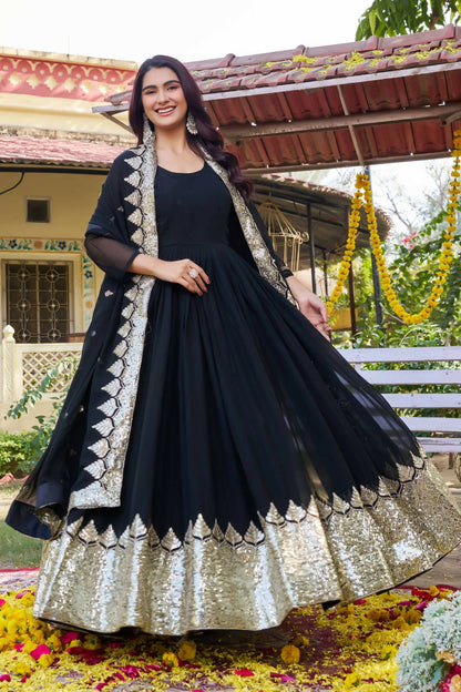 Teeya Creation Womens New Stylish Heavy Sequence Embroidery Work Black Gown Set