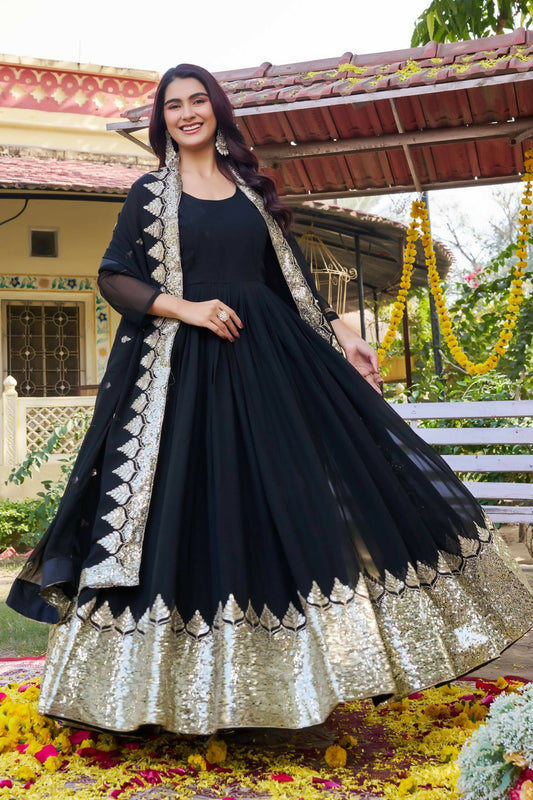 Teeya Creation Womens New Stylish Heavy Sequence Embroidery Work Black Gown Set