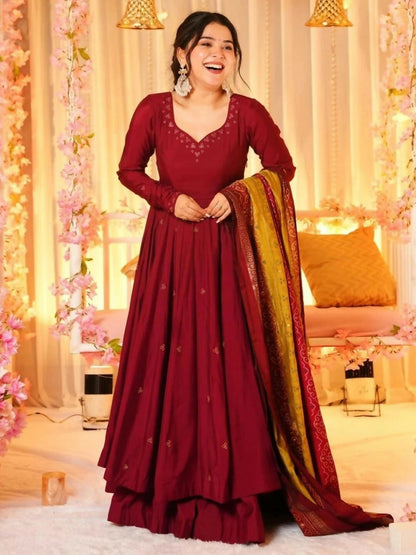 The52 Women's Beautiful Printed Work Viscose Fabric Flared Anarkali Palazzo and Dupatta Set-Maroon