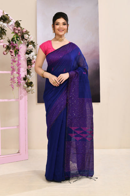 Piyari Fashion Women's Blue Sequins Embellished Cotton Blend Jamdani Saree
