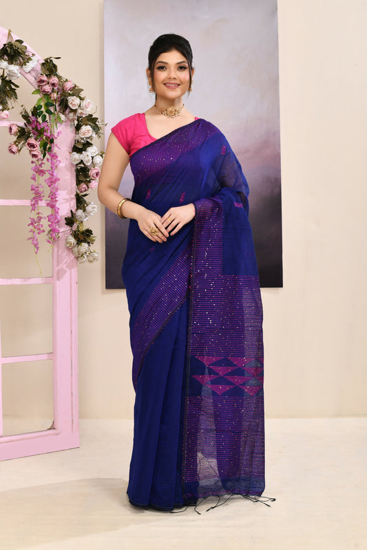 Piyari Fashion Women's Blue Sequins Embellished Cotton Blend Jamdani Saree