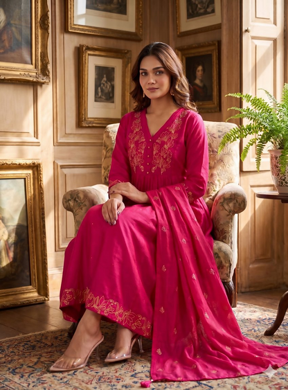 Teeya Creation Elegant Hot Pink Flared Anarkali Kurti And Dupatta Set For Women