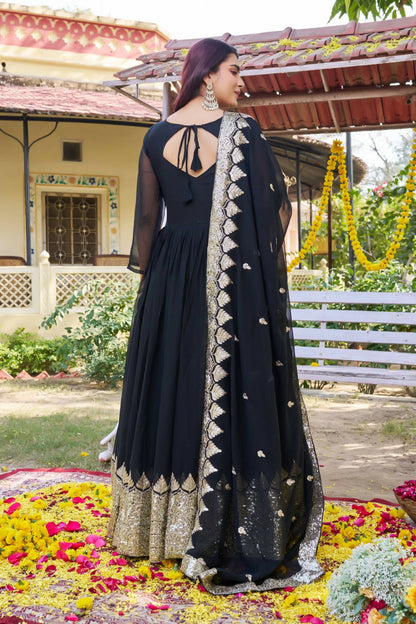 Teeya Creation Womens New Stylish Heavy Sequence Embroidery Work Black Gown Set