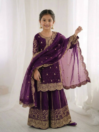 Teeya Creation Girls Heavy Embroidery Purple Ethnic Kurta And Palazzo Set With Net Dupatta