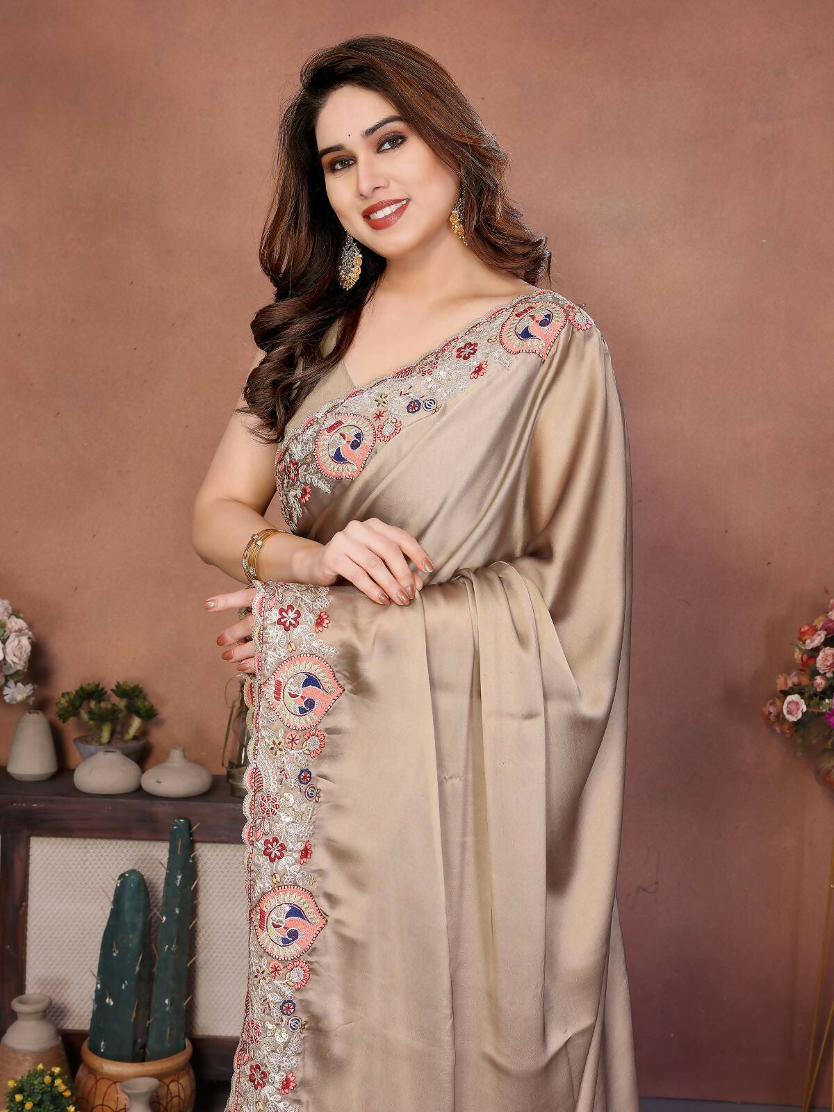 Teeya Creation New Trendy Party Wear Soft Silk Saree-Brown