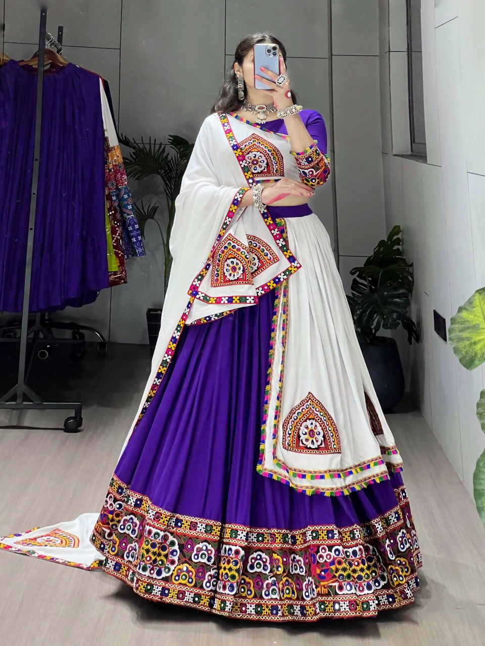 Yash Enterprise Purple White Rayon Cotton Embroidery Semi Stitched Navratri Top Chaniya Choli