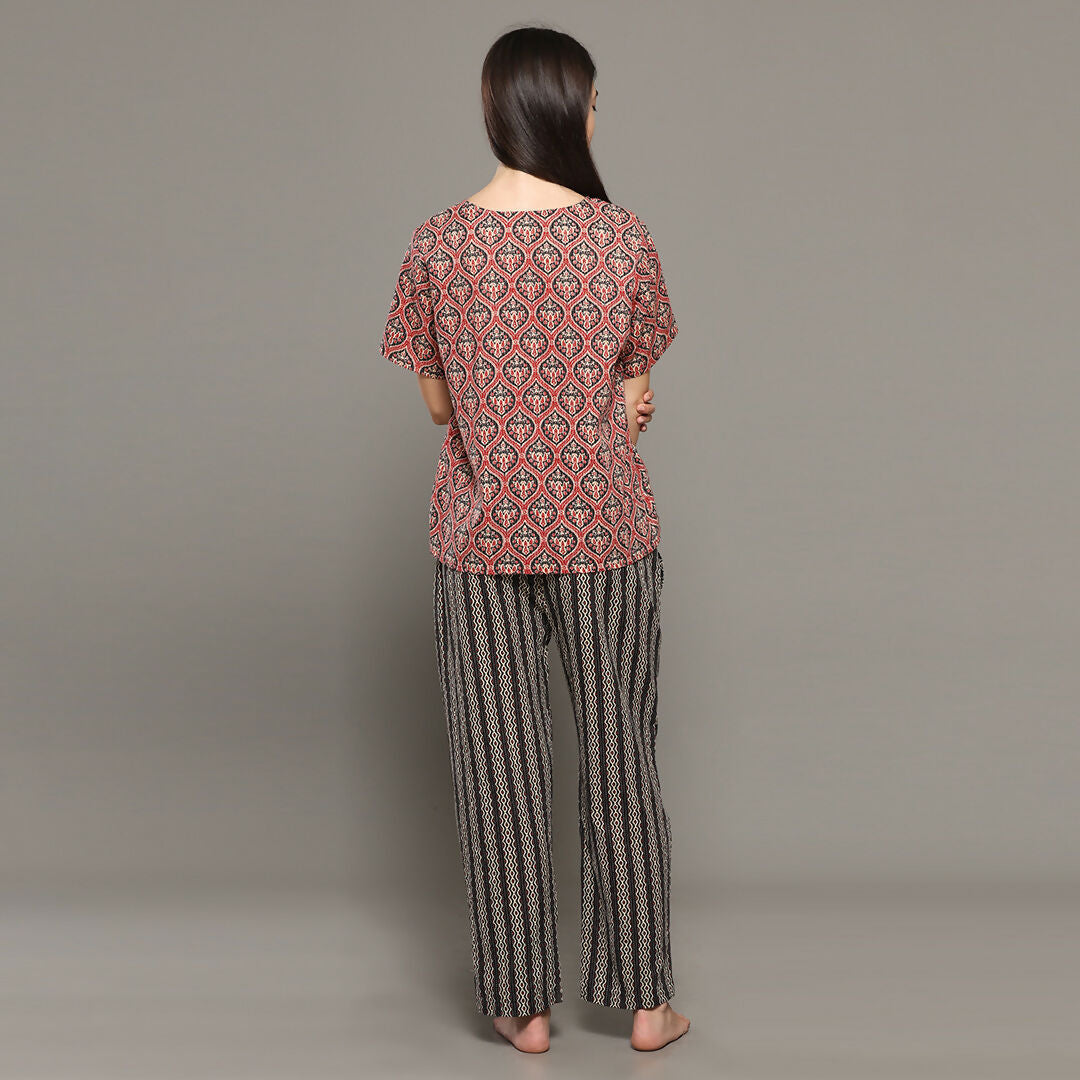 Breathables Women Cotton Printed Loungewear Kurta And Pants Co-Ord Set Red & Navy I Nightwear