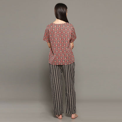 Breathables Women Cotton Printed Loungewear Kurta And Pants Co-Ord Set Red & Navy I Nightwear