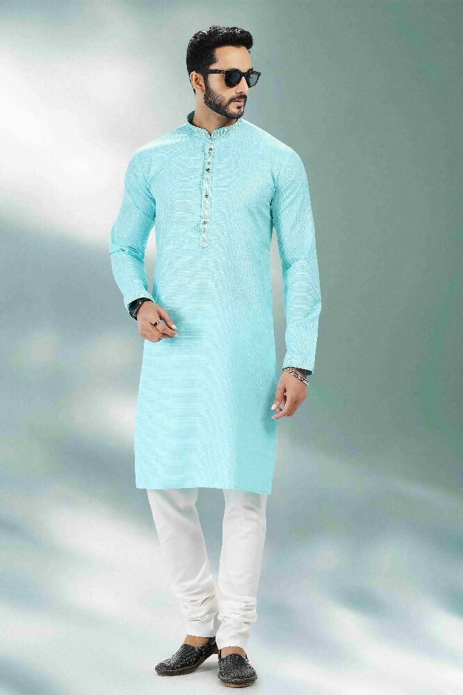 Raivat Ethnic Linen Cotton Pintux Work Kurta Pajama In Sky Blue Colour